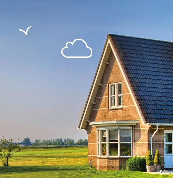 A brick house with a sloped roof, two-story windows, and a lush green lawn under a clear blue sky with cloud and bird doodles.