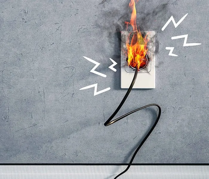 An electrical outlet with a plugged-in cord is on fire, emitting smoke and illustrated lightning bolts.