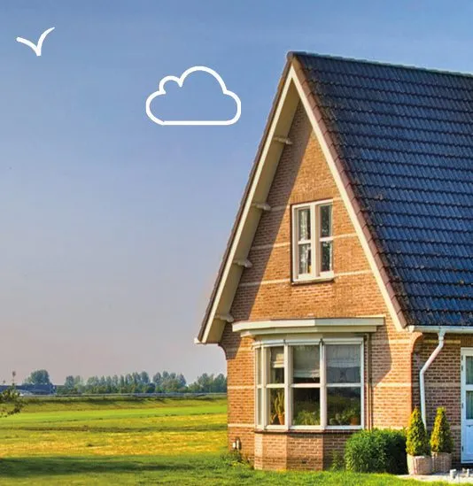 A brick house with a triangular roof stands in a green field under a blue sky with a white cloud and a bird icon.