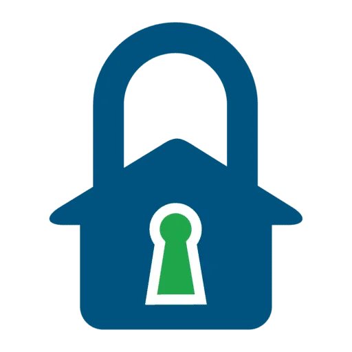 Icon of a blue padlock in the shape of a house with a green keyhole in the center.