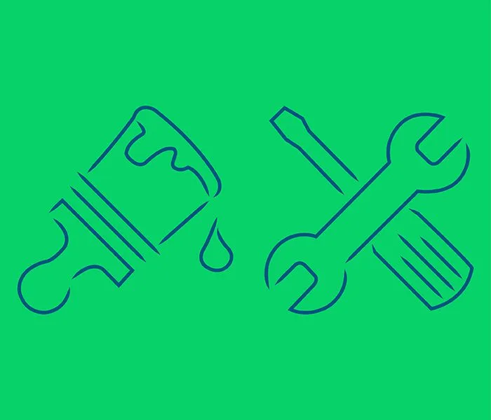 A blue outline of a paintbrush, wrench, and screwdriver on a green background, representing tools for painting and repairs.