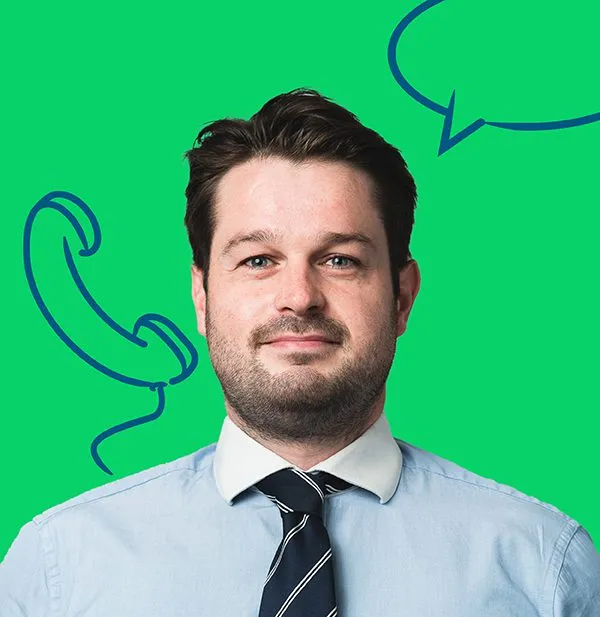 Man in a light blue shirt and striped tie with phone and speech bubble icons on a green background.