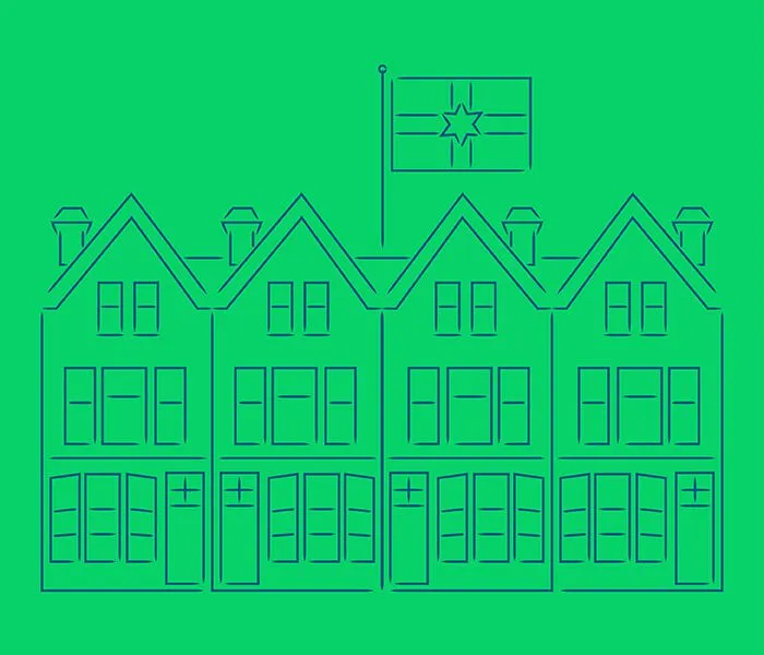 Outline drawing of four identical townhouses in a row with a flag featuring a single star on top of the central one.