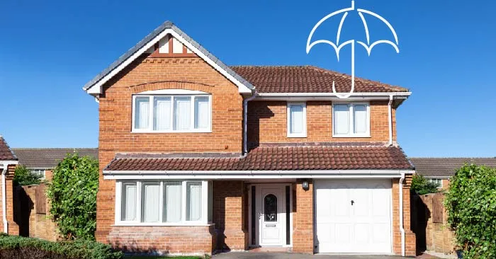 A two-story brick house with a garage, under a superimposed umbrella icon in the top right, symbolizing protection or insurance.